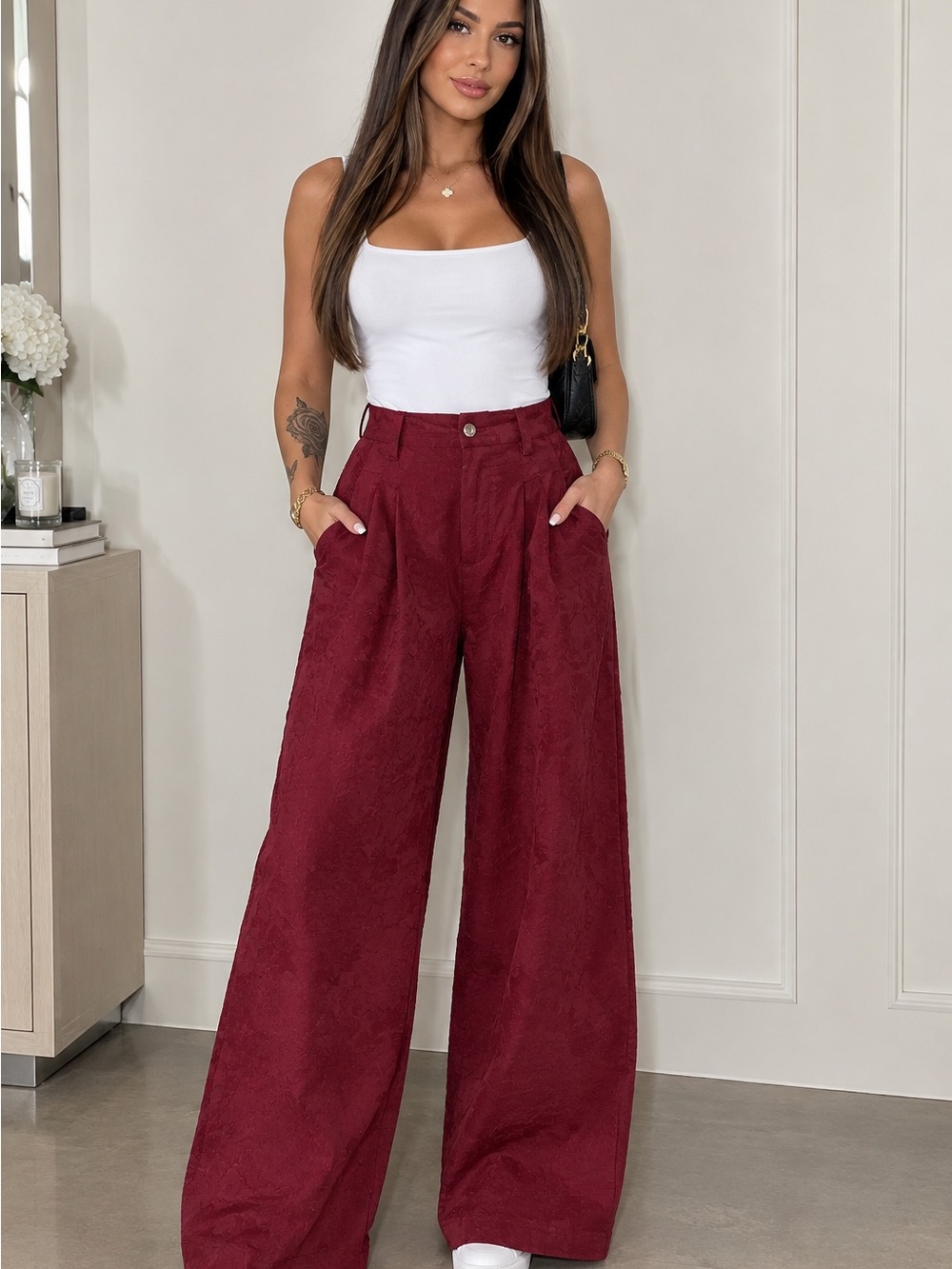 HALARA Wide-Leg Pants in Deep Wine Red